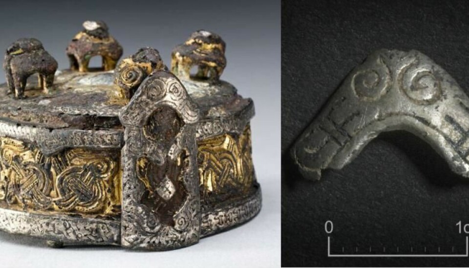 The box brooch on the left was found in a grave at Fyrkat, Denmark. The silver fitting discovered at Borgring, on the right, is almost identical to the ornamentation at the front of the Fyrkat box brooch. (Photo: Nationalmuseet/Museum Sydøstdanmark)