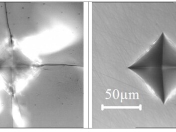 The difference between ordinary window glass (left) and the B2O3-based glass (right) is demonstrated by comparing the imprint of a diamond tip when pressed onto the surface, with a two kilogram weight. The images have the same scale. (Photos: Kacper Januchta) The difference between ordinary window glass (left) and the B2O3-based glass (right) is demonstrated by comparing the imprint of a diamond tip when pressed onto the surface, with a two kilogram weight. The images have the same scale. (Photos: Kacper Januchta)
