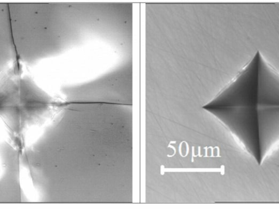 The difference between ordinary window glass (left) and the B2O3-based glass (right) is demonstrated by comparing the imprint of a diamond tip when pressed onto the surface, with a two kilogram weight. The images have the same scale. (Photos: Kacper Januchta)