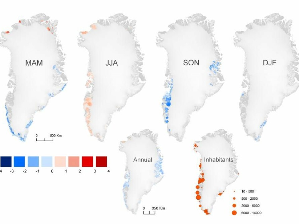 The mean annual temperature around Greenland shows a slight fall in some places in the past 15 years. Looking at the average of each season shows most cooling in the autumn (September, October, November, SON) and warming in the summer (June, July, august, JJA). (Illustration: Study)