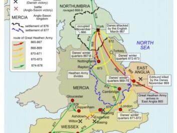 Invasion routes of The Viking Great Army, otherwise known as The Great Heathen Army by Anglo Saxon chroniclers. (Map: Wikipedia / Hel-Hama) Invasion routes of The Viking Great Army, otherwise known as The Great Heathen Army by Anglo Saxon chroniclers. (Map: Wikipedia / Hel-Hama)