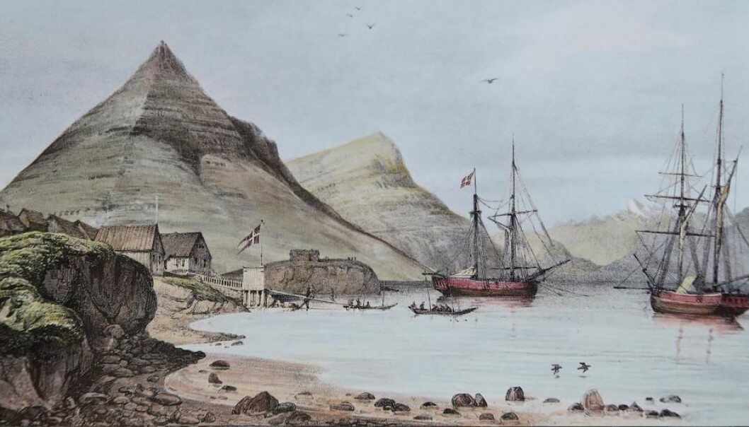 The harbour in Djupivogur, Iceland, where Hans Jonatan arrived in 1802. Now 38 per cent of his genetic material has been reconstructed. (Illustration: Auguste Mayer, 1836) The harbour in Djupivogur, Iceland, where Hans Jonatan arrived in 1802. Now 38 per cent of his genetic material has been reconstructed. (Illustration: Auguste Mayer, 1836)