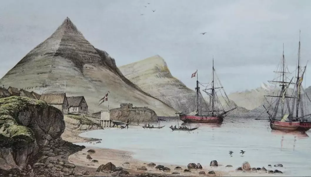 The harbour in Djupivogur, Iceland, where Hans Jonatan arrived in 1802. Now 38 per cent of his genetic material has been reconstructed. (Illustration: Auguste Mayer, 1836)