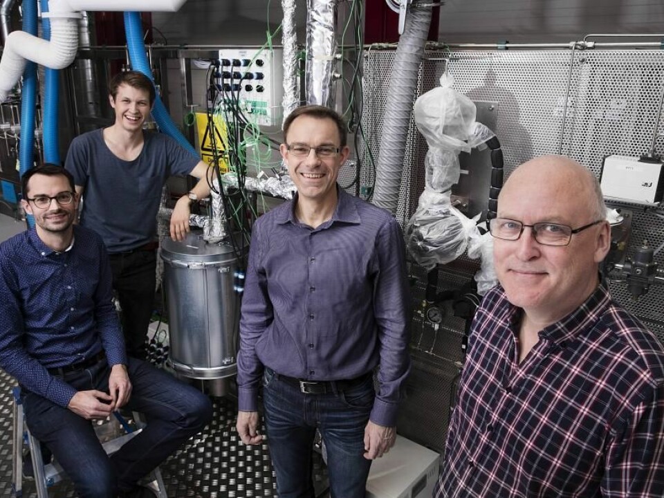 The research team behind the new biofuels method. From left to right Assistant Professor Martin Høj, the author of this article. Martin is taking part in the Book a Researcher program as part of the Danish Science Festival, 2018, and is available to talk on this subject throughout the festival. PhD student Magnus Stummann, Professor Anker Degn Jensen, and Senior Scientist Peter Arendt Jensen. (Photo: Thorkild Christensen)