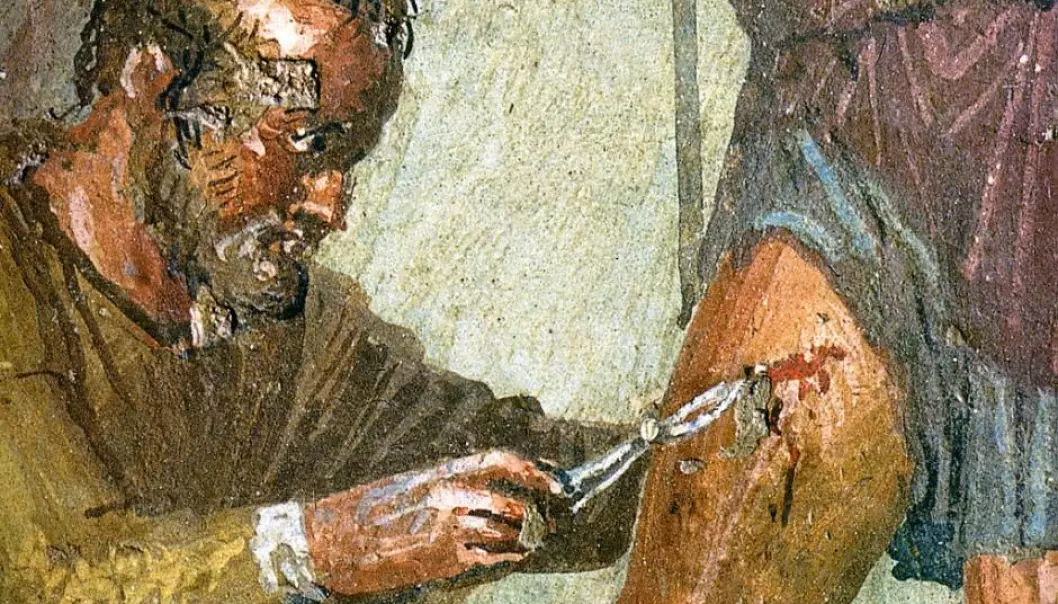 The doctor Japyx heals Aeneas’ wounded leg. Ancient Roman fresco from the “House of Sirico” in Pompeii, Italy, mid 1st century. On display at the Museo Archeologico Nazionale (Naples). (Photo: Wikimedia Commons)