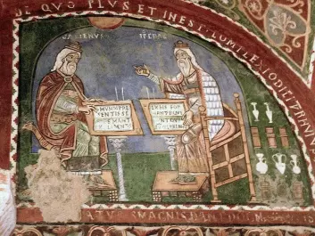 Galen and Hippocrates together even though Galen was born 500 years after the death of Hippocrates. Fresco from the twelth century, Anagni, Italy. (Photo: Nina Aldin Thune, Wikimedia Commons)