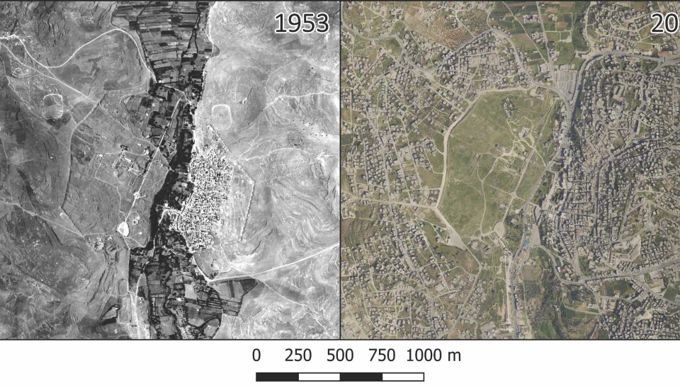 Aerial photographs from 1953 (left) and 2015 (right) show rapid growth in Jerash, once the site of the ancient city of Gerasa. (Image: PNAS)