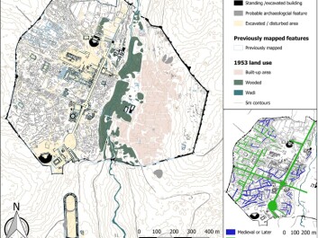 Newly identified archaeological features (grey shading) and previously mapped structures (light blue outlines). The newly identified features are complex to interpret. The bottom right box shows a probable road network and urban subdivisions (bright blue and green lines), along with a large number of subrectangular features likely indicative of building foundations. (Illustration: PNAS) Newly identified archaeological features (grey shading) and previously mapped structures (light blue outlines). The newly identified features are complex to interpret. The bottom right box shows a probable road network and urban subdivisions (bright blue and green lines), along with a large number of subrectangular features likely indicative of building foundations. (Illustration: PNAS)