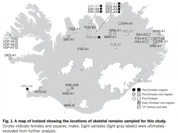 Location of the skeletons analysed in the new study. Most were the first colonists. The more recent skeletons were part of a dramatic story: A man and a woman who, according to written sources, were executed in 1704 for the murder of the woman’s husband. He was hanged and his head was sat on a spike as a warning to others. She was drowned. They were both buried in unconsecrated ground at Hjónadysjar. And today, scientists have sequenced the man’s genome. (Map: Sunna Ebenesersdóttir et al. / Science) Location of the skeletons analysed in the new study. Most were the first colonists. The more recent skeletons were part of a dramatic story: A man and a woman who, according to written sources, were executed in 1704 for the murder of the woman’s husband. He was hanged and his head was sat on a spike as a warning to others. She was drowned. They were both buried in unconsecrated ground at Hjónadysjar. And today, scientists have sequenced the man’s genome. (Map: Sunna Ebenesersdóttir et al. / Science)