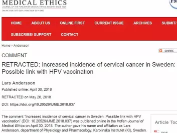 This article about alleged links between the HPV vaccine and the increased incidence of cervical cancer in certain parts of Sweden has been withdrawn. (Screenshot from the Indian Journal of Medical Ethics)