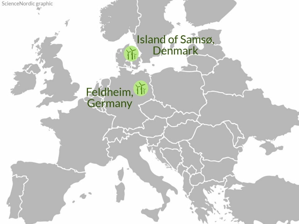 We decided to look into two community projects that are seen as widely successful: One on the Danish island of Samsø, and another in the German village of Feldheim. (Graphic: ScienceNordic)