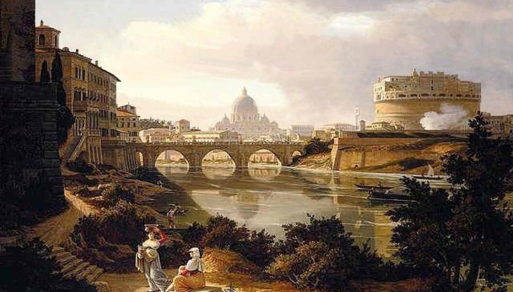 The view from the banks of the Tiber and the south towards Castel Sant'Angelo and St. Peter's Basilica, as the painter Rudolf Wiegmann depicted it around 1834. The view from the banks of the Tiber and the south towards Castel Sant'Angelo and St. Peter's Basilica, as the painter Rudolf Wiegmann depicted it around 1834.