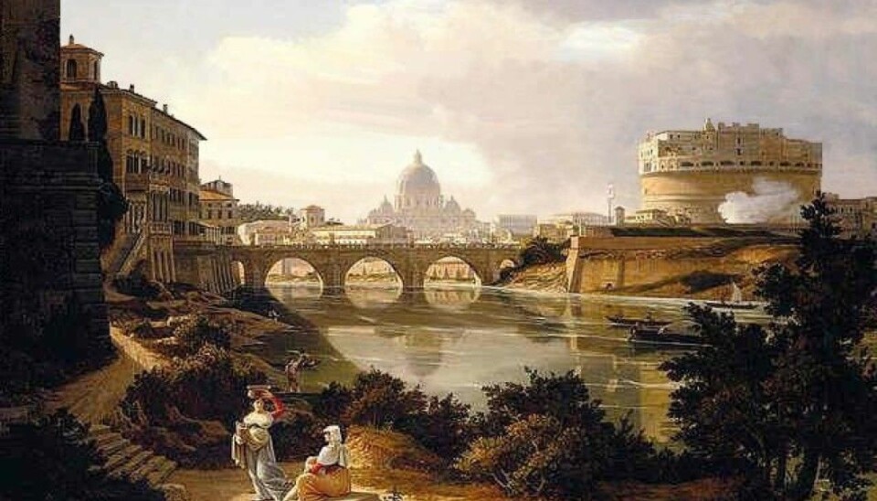 The view from the banks of the Tiber and the south towards Castel Sant'Angelo and St. Peter's Basilica, as the painter Rudolf Wiegmann depicted it around 1834.