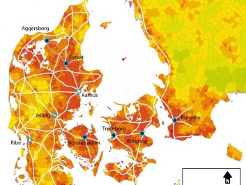 Ring fortresses (dark blue circles) and other focal points of Harold Bluetooth’s kingdom. The shading indicates proximity to medieval churches (red = dense), which gives an indication of the population density shortly after the Viking Age. Roads (white lines) represent the old network, many of which have existed since the Viking Age. (Graphic: Søren M. Sindbæk/Aarhus University) Ring fortresses (dark blue circles) and other focal points of Harold Bluetooth’s kingdom. The shading indicates proximity to medieval churches (red = dense), which gives an indication of the population density shortly after the Viking Age. Roads (white lines) represent the old network, many of which have existed since the Viking Age. (Graphic: Søren M. Sindbæk/Aarhus University)