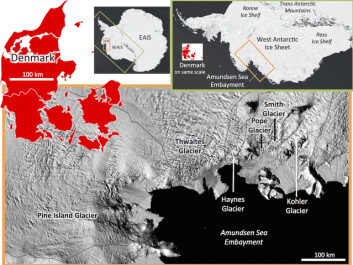 The Amundsen Sea Embayment (ASE) study area in West Antarctica, with the outline of Denmark shown for comparison. The top images show the location of the West Antarctic Ice Sheet (WAIS) and the ASE (top, image credit: NASA/Landsat Image Mosaic). The main image below is a close up of the ASE. (Hill shading is from the upcoming Reference Elevation Model of Antarctica product. DEMs produced using DigitalGlobe Inc. data. Data Compiled by Ian Howat (OSU), and the visualisation is by Paul Morin (PGC)). (Graphic: Author provided) The Amundsen Sea Embayment (ASE) study area in West Antarctica, with the outline of Denmark shown for comparison. The top images show the location of the West Antarctic Ice Sheet (WAIS) and the ASE (top, image credit: NASA/Landsat Image Mosaic). The main image below is a close up of the ASE. (Hill shading is from the upcoming Reference Elevation Model of Antarctica product. DEMs produced using DigitalGlobe Inc. data. Data Compiled by Ian Howat (OSU), and the visualisation is by Paul Morin (PGC)). (Graphic: Author provided)