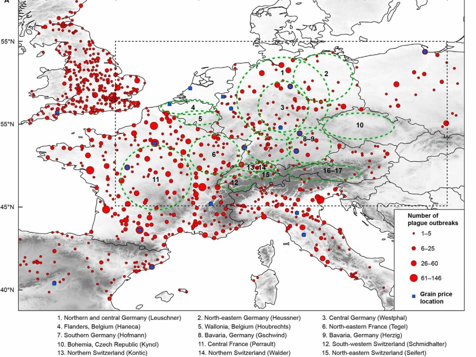 In the new study, tree felling dates and historical data on plague outbreaks and food prices were compiled from across much of Europe. Green circles with numbers show where construction timbers were analysed, red dots show recorded outbreaks of plague, and blue squares indicate available records of grain prices. (Image: Author Provided)