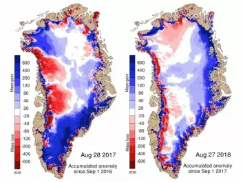 Maps show the difference between the annual SMB in 2017 (left) and 2018 (right) compared with the 1981-2010 period (in mm of ice melt). Blue shows more ice gain than average and red shows more ice loss than average. (Credit: DMI Polar Portal)