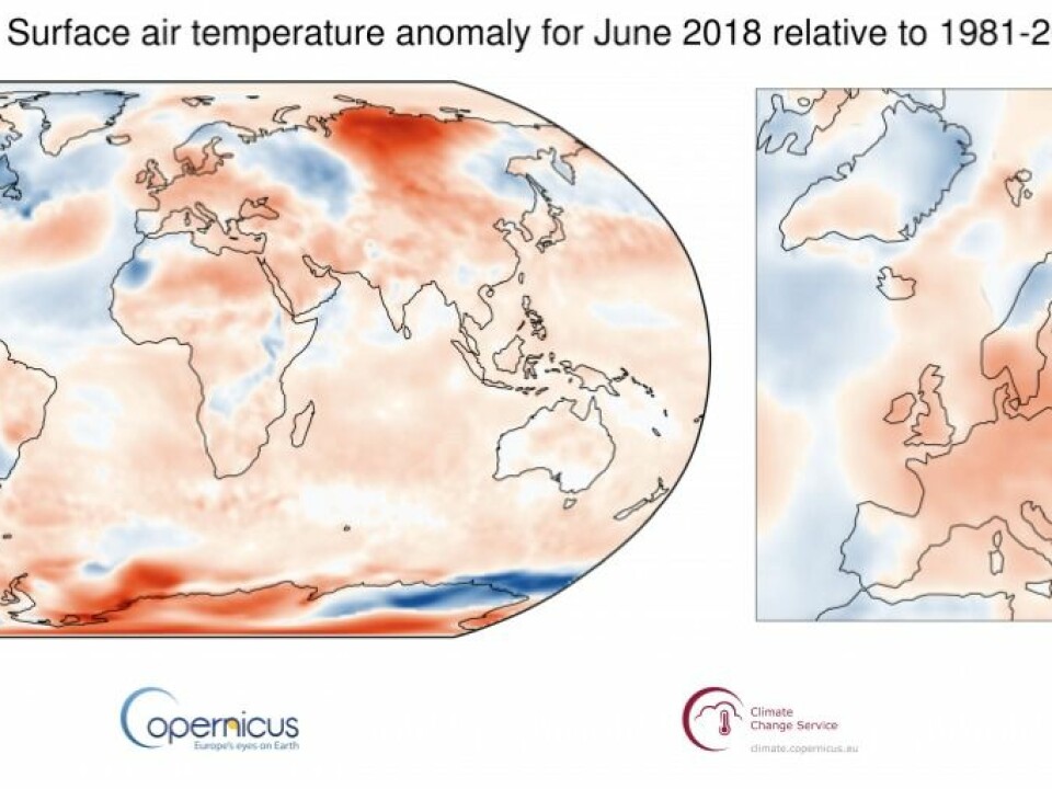 Maps show average temperature for June 2018, relative to 1981-2010 average. Shading indicates warm (red) and cool (blue) areas. (Credit: Copernicus Climate Change Service / ECMWF)
