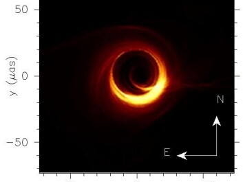 Simulated image as predicted for the supermassive black in the galaxy M87 at the frequencies observed with the Event Horizon Telescope (230 GHz). (Image: Moscibrodzka, Falcke, Shiokawa, Astronomy & Astrophysics, V. 586, p. 15, 2016, reproduced with permission © ESO) Simulated image as predicted for the supermassive black in the galaxy M87 at the frequencies observed with the Event Horizon Telescope (230 GHz). (Image: Moscibrodzka, Falcke, Shiokawa, Astronomy & Astrophysics, V. 586, p. 15, 2016, reproduced with permission © ESO)