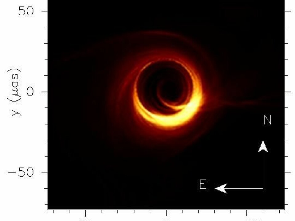 Simulated image as predicted for the supermassive black in the galaxy M87 at the frequencies observed with the Event Horizon Telescope (230 GHz). (Image: Moscibrodzka, Falcke, Shiokawa, Astronomy & Astrophysics, V. 586, p. 15, 2016, reproduced with permission © ESO)