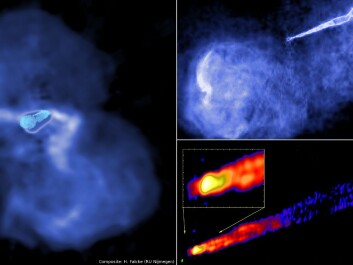 Radio images of the jet in the radio galaxy M87 – observed at lower resolution. The left frame is roughly 250,000 light years across. Magnetic fields threading the supermassive black holes lead to the formation of a highly collimated jet that spits out hot plasma with speeds close to the speed of light (Image compilation: H. Falcke, Radboud university, with images from LOFAR/NRAO/MPIfR Bonn) Radio images of the jet in the radio galaxy M87 – observed at lower resolution. The left frame is roughly 250,000 light years across. Magnetic fields threading the supermassive black holes lead to the formation of a highly collimated jet that spits out hot plasma with speeds close to the speed of light (Image compilation: H. Falcke, Radboud university, with images from LOFAR/NRAO/MPIfR Bonn)