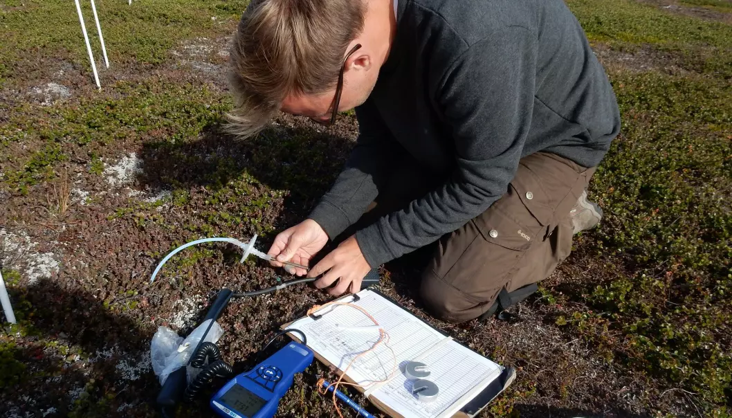 Magnus Kramshøj takes soil gas measurements at a field site on Disko Island, West Greenland. (Photo: Klaus Kramshøj)