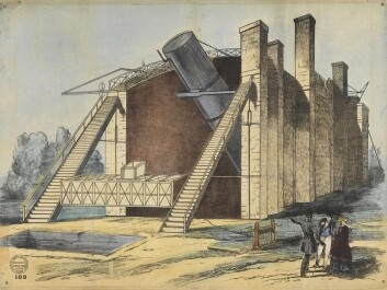 Sketch from the building of the large telescope in the years 1842-45. Lord Rosse (with high hat) monitors the construction Work. (Illustration: National Maritime Museum, Greenwich, London) Sketch from the building of the large telescope in the years 1842-45. Lord Rosse (with high hat) monitors the construction Work. (Illustration: National Maritime Museum, Greenwich, London)