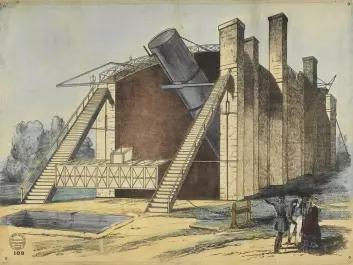 Sketch from the building of the large telescope in the years 1842-45. Lord Rosse (with high hat) monitors the construction Work. (Illustration: National Maritime Museum, Greenwich, London)