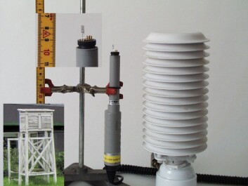 DMI weather stations measure temperature with electronic sensors (right). They are mounted two metres above the ground inside a ventilated screen (right).
Previously, temperature was measured by thermometers, housed inside small white huts (lower left). (Photo: DMI) DMI weather stations measure temperature with electronic sensors (right). They are mounted two metres above the ground inside a ventilated screen (right).
Previously, temperature was measured by thermometers, housed inside small white huts (lower left). (Photo: DMI)