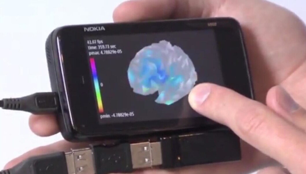 The researchers have designed an app for this Nokia smartphone, enabling it to analyse signals captured by the EEG headset as well as construct a 3D model of the brain on the screen. (Photo: Jakob Eg Larsen/DTU) The researchers have designed an app for this Nokia smartphone, enabling it to analyse signals captured by the EEG headset as well as construct a 3D model of the brain on the screen. (Photo: Jakob Eg Larsen/DTU)