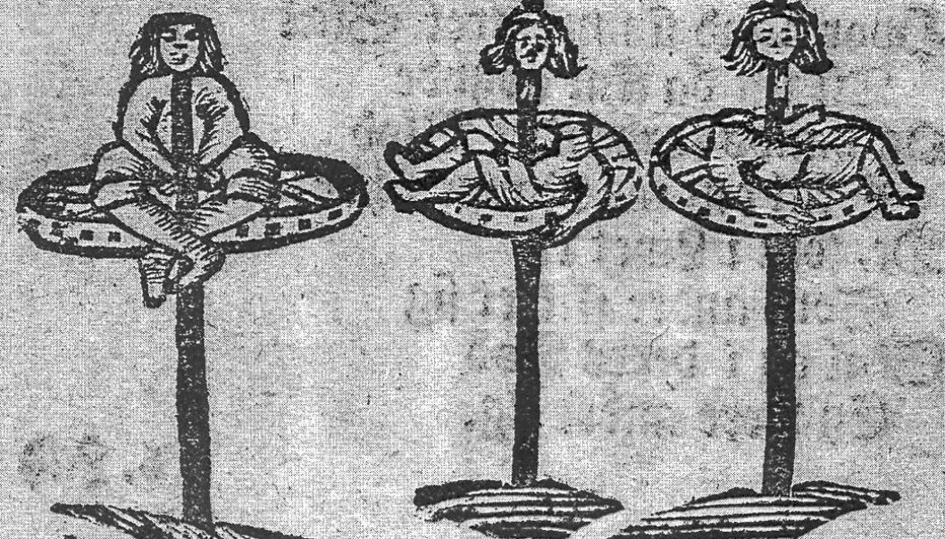 In the 18th century it was believed that God demanded the death penalty for murder. As part of the execution process the murderer was displayed on a big wheel – appropriately known as ‘The Wheel’. The woodcut depicts a killer who has been placed alive on the wheel. The other two had been beheaded. (Illustration: Copenhagen 1727, the Royal Library) In the 18th century it was believed that God demanded the death penalty for murder. As part of the execution process the murderer was displayed on a big wheel – appropriately known as ‘The Wheel’. The woodcut depicts a killer who has been placed alive on the wheel. The other two had been beheaded. (Illustration: Copenhagen 1727, the Royal Library)