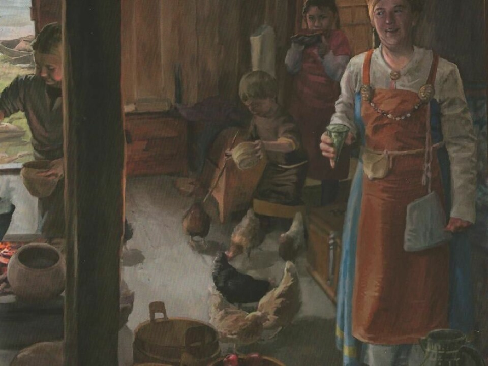 The cooking methods, the kitchen equipment and the food culture in the illustrations are also based on archaeological finds. Even the clothes and the clay jars are finds from settlements or graves. The glass in the woman’s hand, for example, was found at an excavation site in Sweden. (Illustration: Communicating Culture & Atelier bunterhund Zürich)