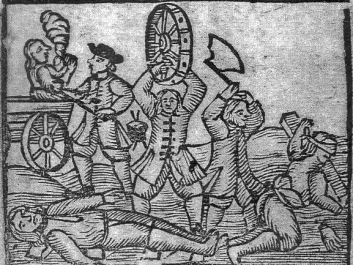 The penalties for suicide murders were pretty nasty. Convicts were pinched with red-hot tongs (left), had their legs and arms smashed by a wagon wheel (front) or had a hand cut off (right). (Picture: Copenhagen 1727, the Royal Library) 