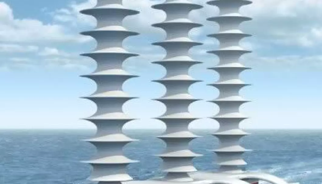 An illustration of Stephen Salter’s idea about ships that send sea salt up into the atmosphere to reflect the rays from the Sun, which he argues would cool down our planet. The proposed towers in the Faroe Islands are a further development of this idea. (Illustration: S. Salter/J. MacNeill)