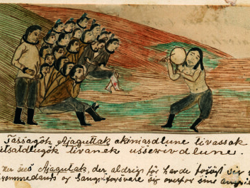 Ajaguttaq singing a satirical song about his challenger (standing) in a drum duel. Jens Kreutzmann (1828-99) made the drawing, the oldest known depiction from Greenland of a drum song, around 1860. (Photo: Greenland National Museum and Archives) Ajaguttaq singing a satirical song about his challenger (standing) in a drum duel. Jens Kreutzmann (1828-99) made the drawing, the oldest known depiction from Greenland of a drum song, around 1860. (Photo: Greenland National Museum and Archives)