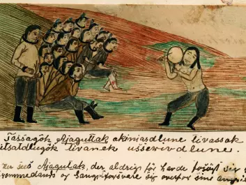 Ajaguttaq singing a satirical song about his challenger (standing) in a drum duel. Jens Kreutzmann (1828-99) made the drawing, the oldest known depiction from Greenland of a drum song, around 1860. (Photo: Greenland National Museum and Archives)