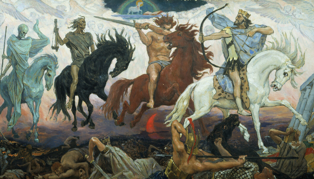 Four horsemen ride out from heaven to cause destruction and give an early warning that Jesus will separate the good people from the evil. For centuries, this was how Christians believed Judgement Day would come about. Today, this fear of the four horsemen of the Apocalypse has been replaced with a fear of the destruction we humans can cause with our science and technology. (Painting: Victor Vasnetsov, 1887) Four horsemen ride out from heaven to cause destruction and give an early warning that Jesus will separate the good people from the evil. For centuries, this was how Christians believed Judgement Day would come about. Today, this fear of the four horsemen of the Apocalypse has been replaced with a fear of the destruction we humans can cause with our science and technology. (Painting: Victor Vasnetsov, 1887)