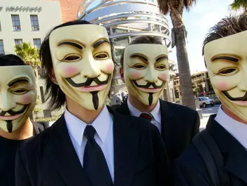 Members of the hackers group Anonymous often conceil their identities. When appearing in public they don the characteristic Guy Fawkes masks, symbolising the combination of revolution and disguise. Guy Fawkes (1570-1601) led the Catholic ‘Gunpowder Plot’ in 1601 that unsuccessfully attempted to obliterate the Protestant elite by blowing up the British Houses of Parliament. (Photo: Vincent Diamante)