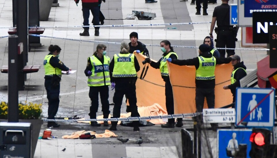 A little before 3 pm on a Friday afternoon, a terrorist drives a truck into the pedestrian street Drottninggatan in central Stockholm, killing five people. It could have been a lot worse. (Photo: Jonathan Nackstrand / AFP / Scanpix)