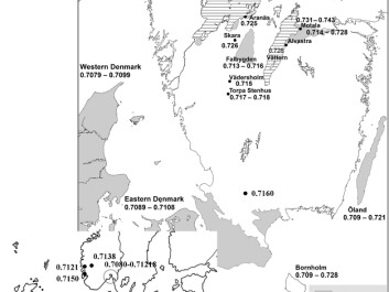 A: Map showing the nearest areas with bioavailable <sup>87</sup>Sr/<sup>86</sup>Sr values that match the strontium isotope values in the Egtved study. (Credit: Redrawn from Frei et al. 2015: fig 1).
B: Map showing the published strontium baseline values in Scandinavia. (Credit: From Blank submitted, reproduced with permission from M. Blank) A: Map showing the nearest areas with bioavailable <sup>87</sup>Sr/<sup>86</sup>Sr values that match the strontium isotope values in the Egtved study. (Credit: Redrawn from Frei et al. 2015: fig 1).
B: Map showing the published strontium baseline values in Scandinavia. (Credit: From Blank submitted, reproduced with permission from M. Blank)