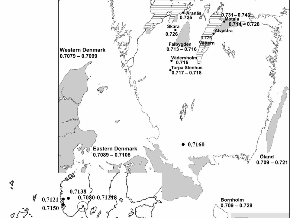 A: Map showing the nearest areas with bioavailable 87Sr/86Sr values that match the strontium isotope values in the Egtved study. (Credit: Redrawn from Frei et al. 2015: fig 1). 
B: Map showing the published strontium baseline values in Scandinavia. (Credit: From Blank submitted, reproduced with permission from M. Blank)