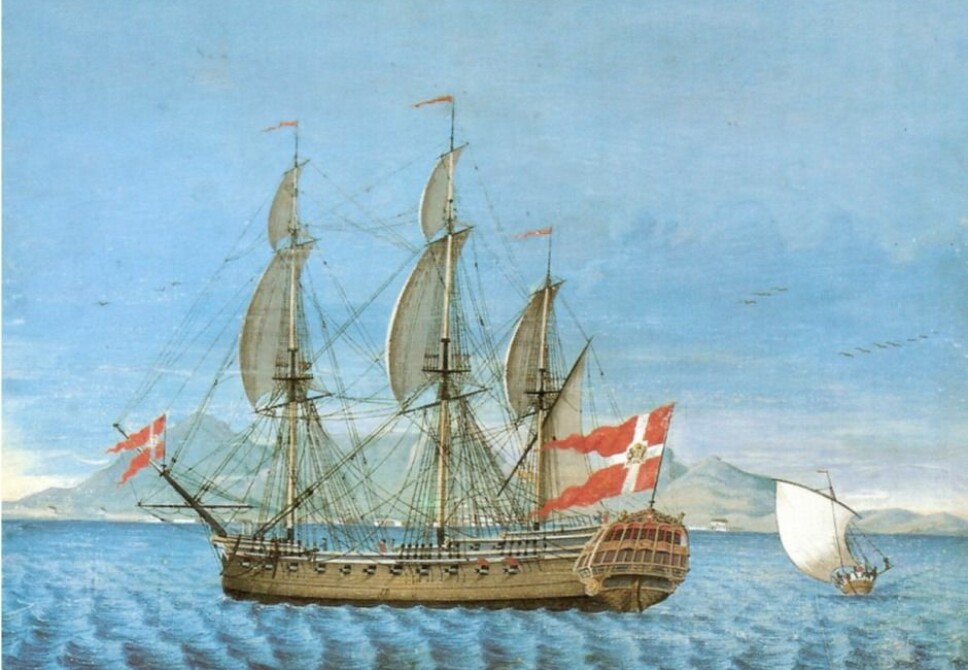 Ship portrait of the frigate Queen Sophia Magdalene off the Cape of Good Hope around the 1760s. The ship was owned by the Asian Company.