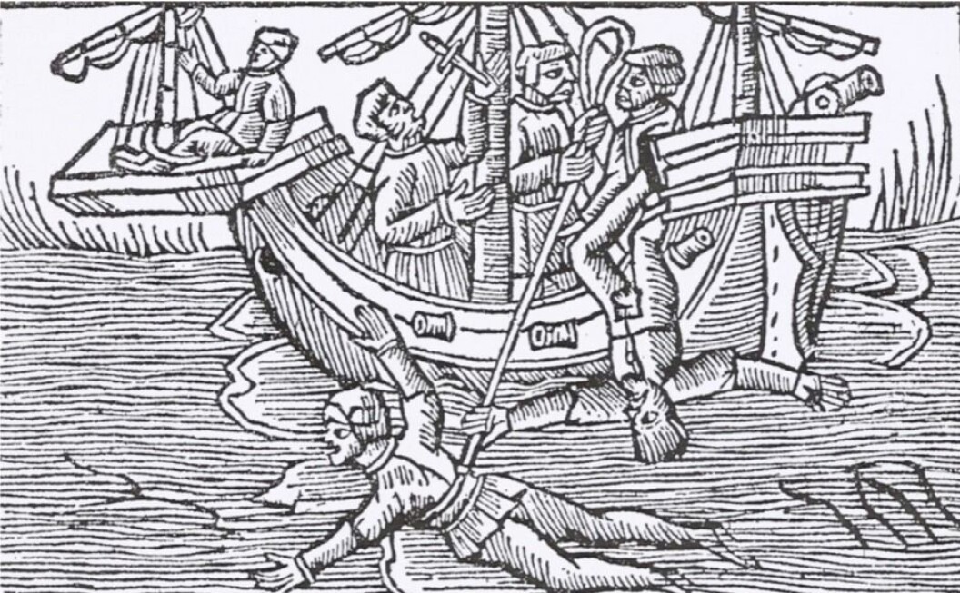 Keelhauling, being dropped from the yardarm and having one’s hand impaled to the mast with a knife are punishments that have a long history in Europe. In this woodcut from Olaus Magnus' great work on the history of the Nordic peoples (1555), the artist manages to capture several of the harsh punishments at once. Keelhauling, being dropped from the yardarm and having one’s hand impaled to the mast with a knife are punishments that have a long history in Europe. In this woodcut from Olaus Magnus' great work on the history of the Nordic peoples (1555), the artist manages to capture several of the harsh punishments at once.