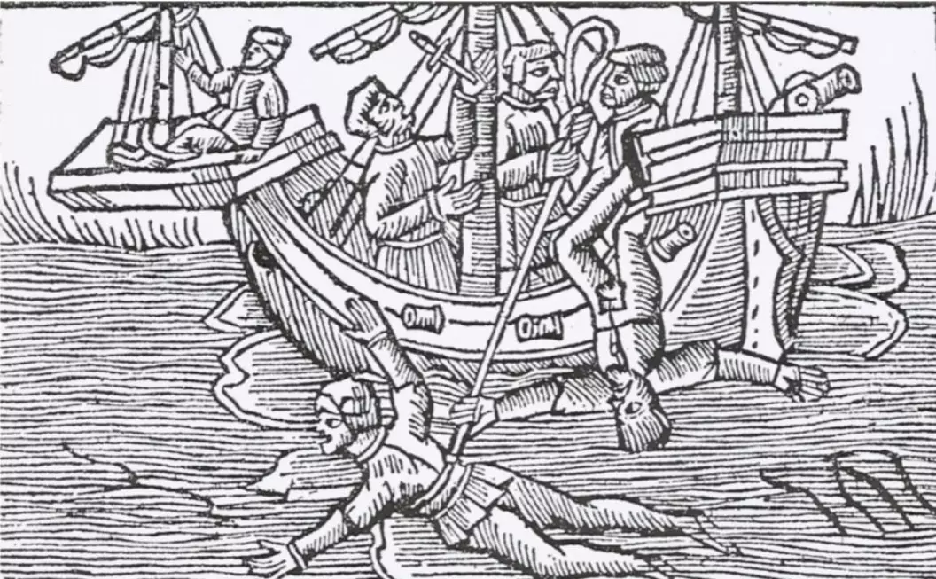 Keelhauling, being dropped from the yardarm and having one’s hand impaled to the mast with a knife are punishments that have a long history in Europe. In this woodcut from Olaus Magnus' great work on the history of the Nordic peoples (1555), the artist manages to capture several of the harsh punishments at once.