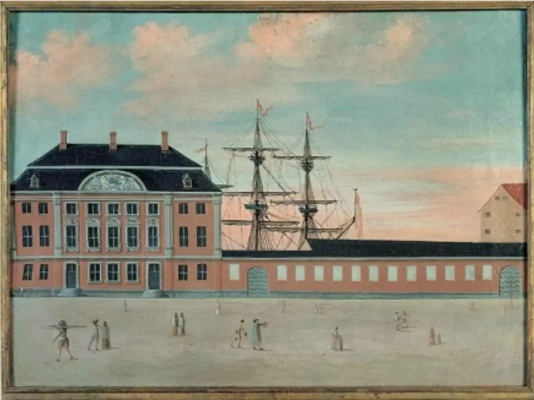 The Asian Company's headquarters with administration rooms and offices were located in Strandgade on Christianshavn. The mansion, built in 1739, is often called Philip de Lange's Mansion because he was the construction contractor. The ship’s masts and rigging suggest that the company's port and yard were right next to the main building.
