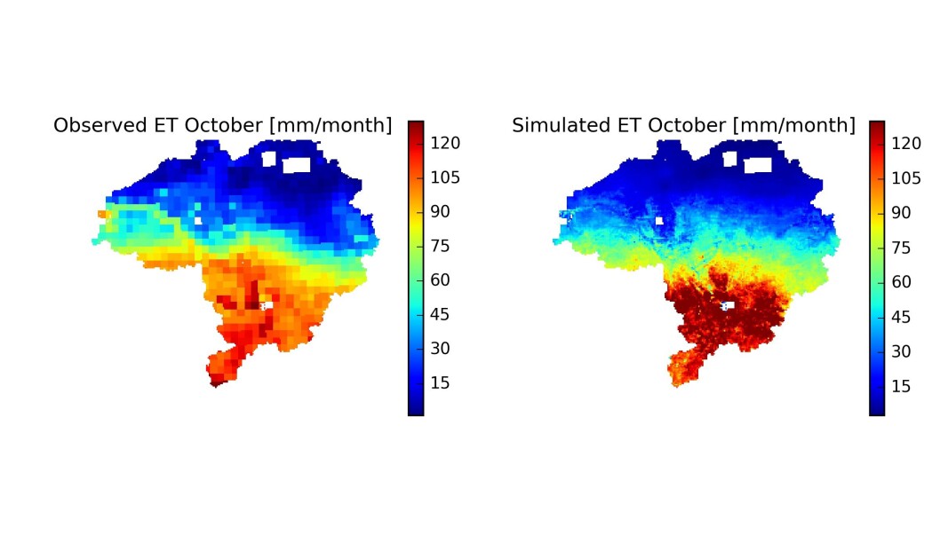 The map shows the preliminary results of our model study. It is a comparison between an observed and a simulated evaporation map. Through the calibration process, the model's parameters are adjusted so that the model matches the observations as closely as possible and we get the most accurate knowledge. The map shows the preliminary results of our model study. It is a comparison between an observed and a simulated evaporation map. Through the calibration process, the model's parameters are adjusted so that the model matches the observations as closely as possible and we get the most accurate knowledge.