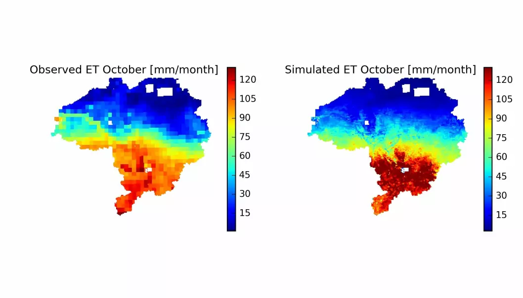 The map shows the preliminary results of our model study. It is a comparison between an observed and a simulated evaporation map. Through the calibration process, the model's parameters are adjusted so that the model matches the observations as closely as possible and we get the most accurate knowledge.
