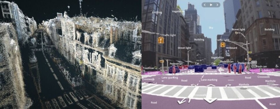 On the left is a 3D reconstruction of a street in Amsterdam. On the right are objects on the street plan that artificial intelligence is able to recognise.