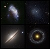 Fire galakser mere, og så er vi færdige: 1) Den uregelmæssige galakse NGC 1427A. 2) Fornax dværgkugleformet sfæroidal. 3) Den linsetunge Sombrero-galakse. 4) Ringgalaksen Hoag's Objekt. 