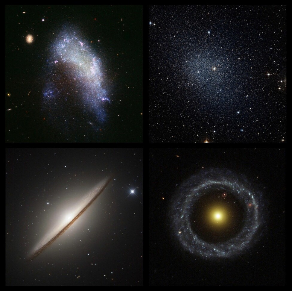 Four more galaxies, and then we're done: 1) The irregular galaxy NGC 1427A. 2) The Fornax Dwarf spheroidal. 3) The lenticular Sombrero Galaxy. 4) The ring galaxy Hoag’s Object.